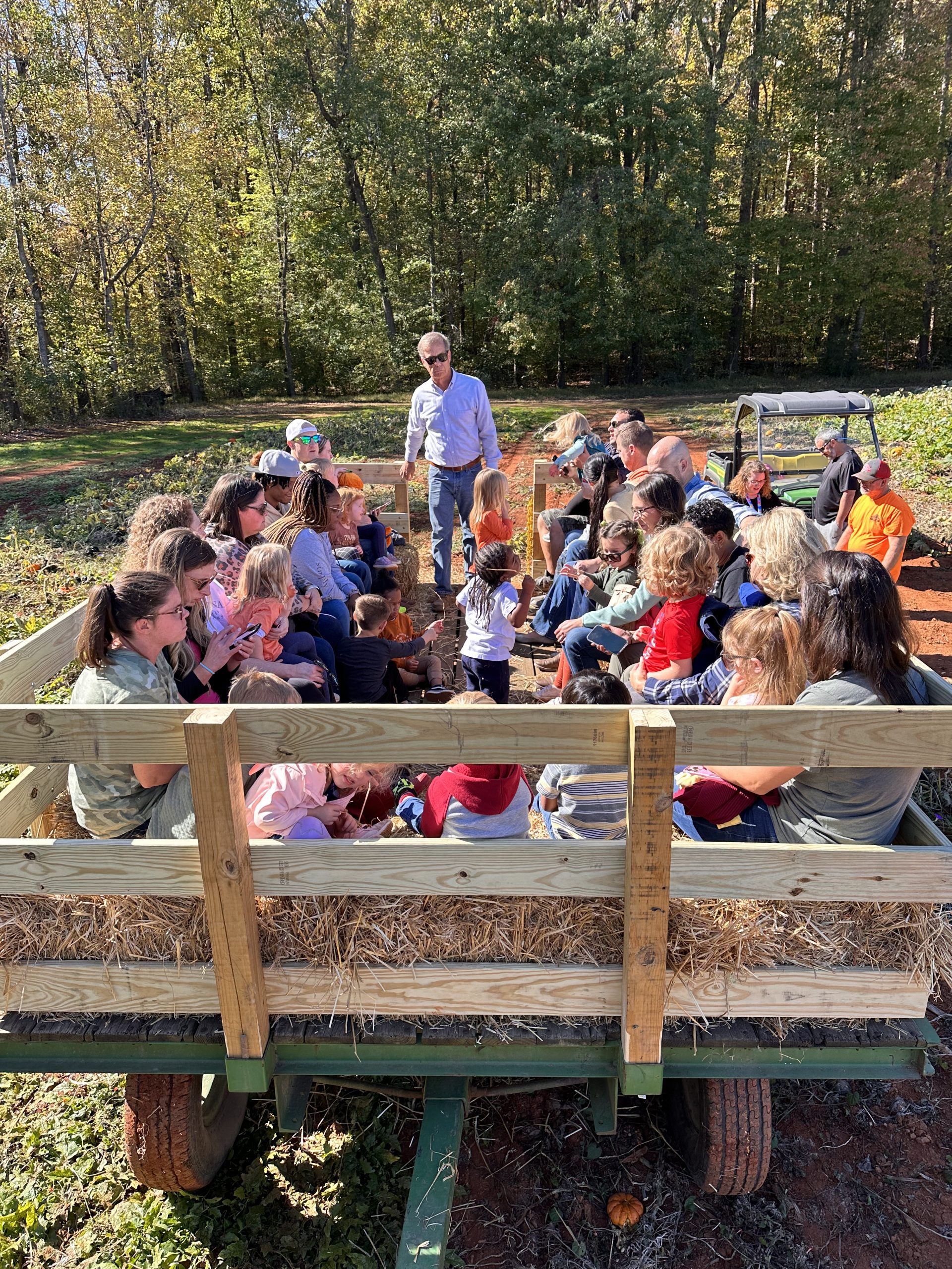 hay ride on farm field trip with u-pick pumpkins at Fogleman farms